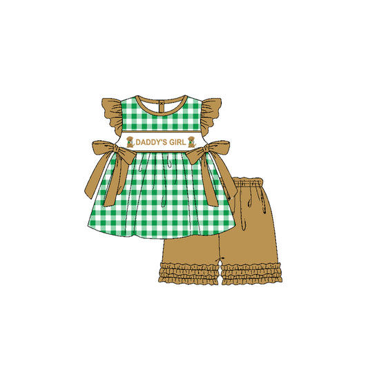 Pre-order GSSO1645 Girls flying sleeve daddy's girl bow green outfits（Deadline Dec.10）