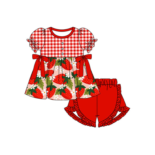 Pre-order GSSO1648 Girls puff sleeve red plaid Strawberry shorts outfits（Deadline Dec.11）