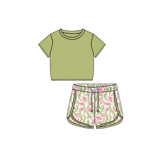 Pre-order GSSO1653 Girls short sleeve green shorts tulip outfits（Deadline Dec.12）