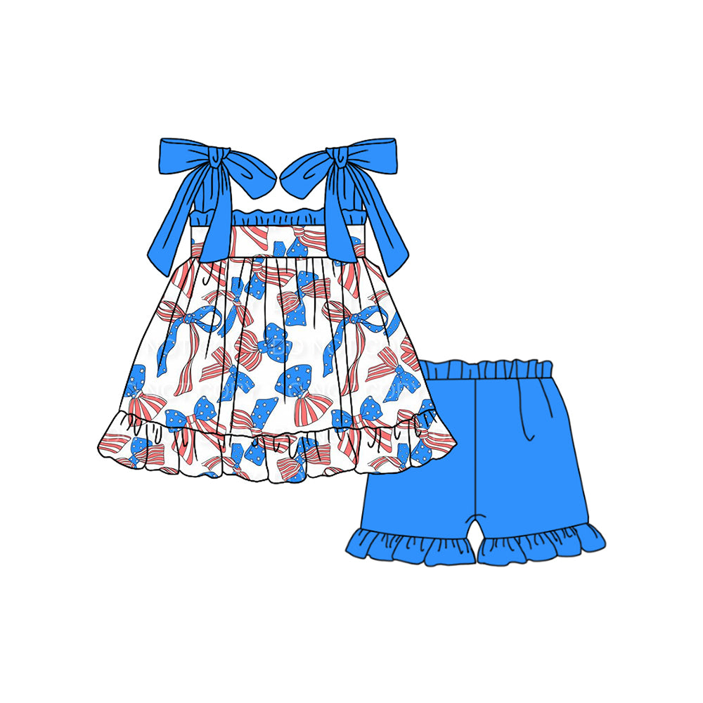 Pre-order GSSO1662 Girls blue bow shorts outfits（Deadline Dec.12）