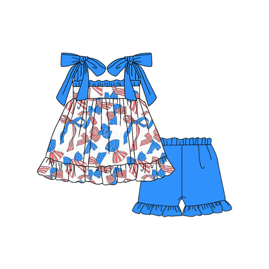 Pre-order GSSO1662 Girls blue bow shorts outfits（Deadline Dec.12）