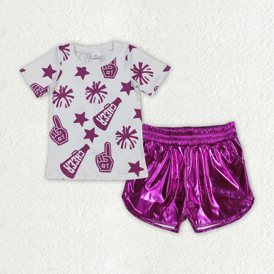 GSSO2515 baby girls purple CHEER leather shorts outfits