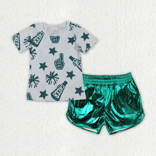 GSSO2517 baby girls green CHEER leather shorts outfits