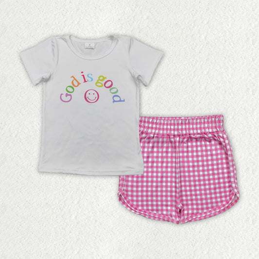 GSSO2594 girls white short sleeve GOD IS GOOD rose checkered shorts outfits