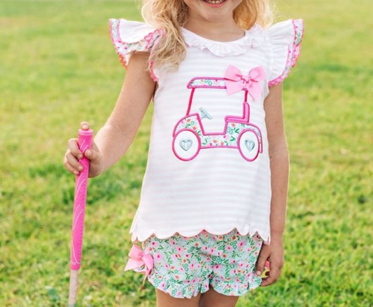 GSSO2633 baby girls flying sleeve golf car stripe shorts outfits embroidery