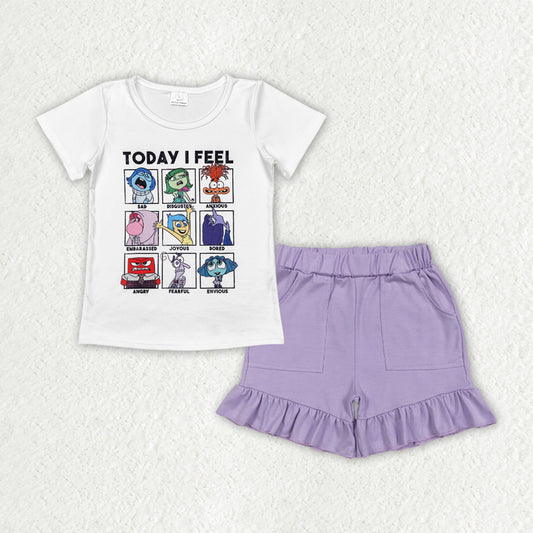 GSSO2665 Girls TODAY I FEEL Outfits white  Short Sleeve purple floral Shorts