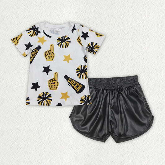 GSSO2685 baby girls yellow black CHEER leather shorts outfits