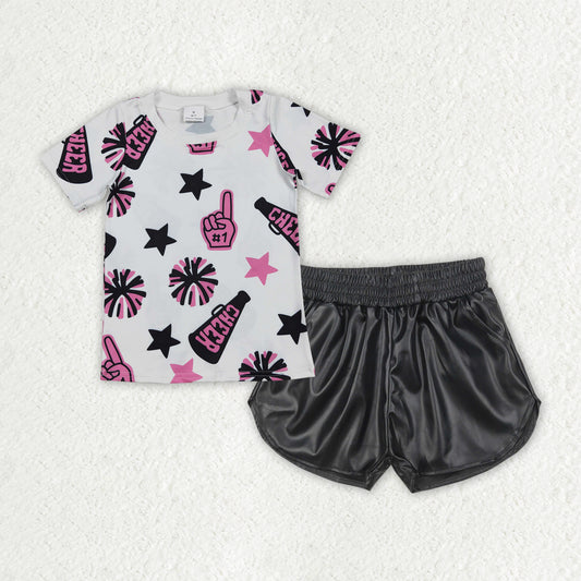 GSSO2686 baby girls rose black CHEER leather shorts outfits
