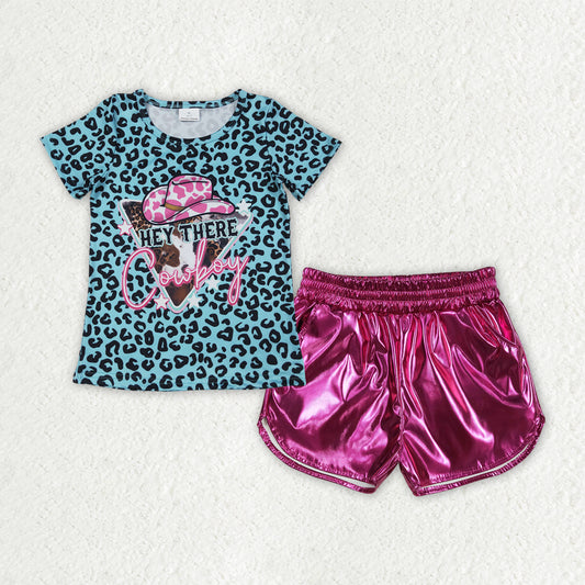 GSSO2692 baby girls cowboy leopard rose leather shorts outfits