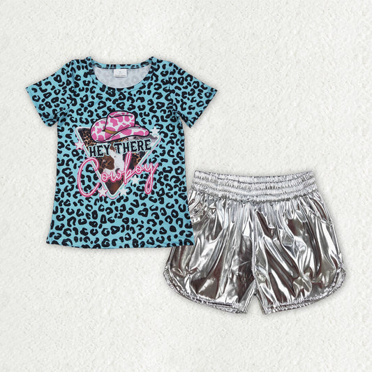 GSSO2693 baby girls cowboy leopard Silver leather shorts outfits