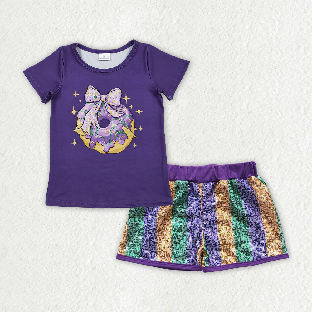 GSSO2712 girls Mardi Gras purple short sleeve stripe sequined outfits