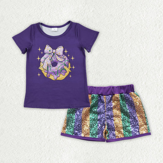 GSSO2712 girls Mardi Gras purple short sleeve stripe sequined outfits