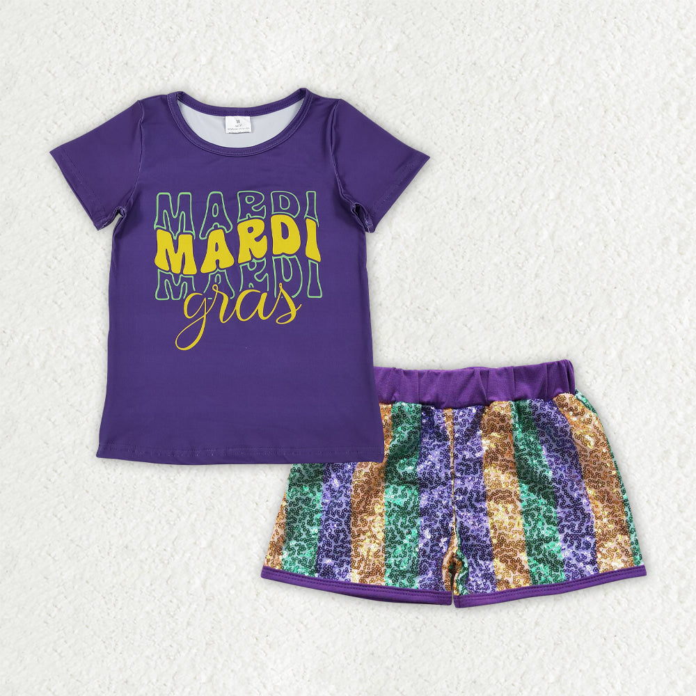 GSSO2713 girls Mardi Gras purple short sleeve stripe sequined outfits