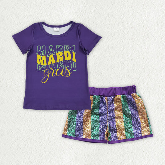 GSSO2713 girls Mardi Gras purple short sleeve stripe sequined outfits