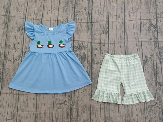 Pre-order GSSO2728 baby girls duck blue flying sleeve green checkered short outfits embroidery