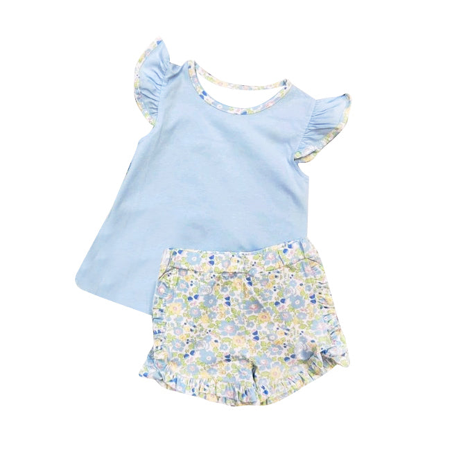 10.13 Pre-order GSSO2751 baby girls blue flying sleeves flower short outfits
