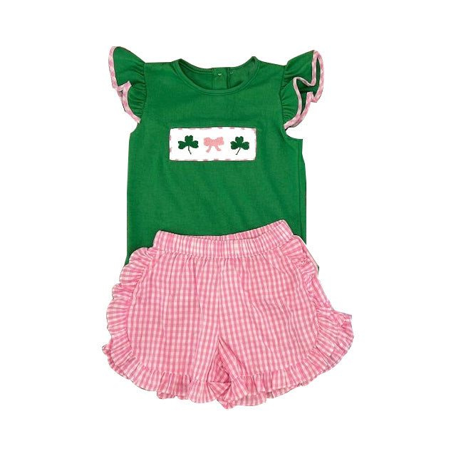 10.13 Pre-order GSSO2752 baby girls Mardi Gras green flying sleeves red checkered short outfits