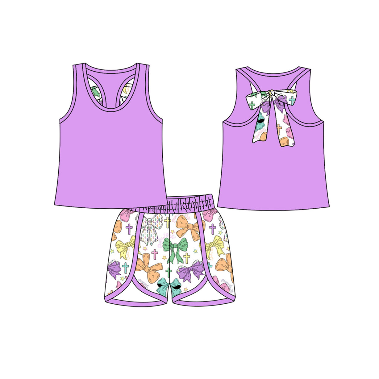 10.14 Pre-order GSSO2757 baby girls Mardi Gras purple sleeveless bow short outfits