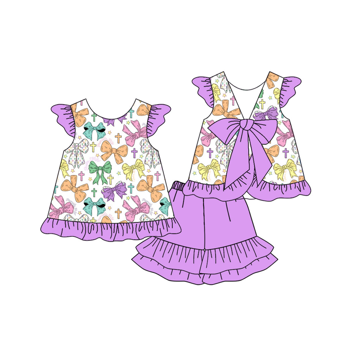 10.14 Pre-order GSSO2758 baby girls Mardi Gras purple flying sleeve bow short outfits