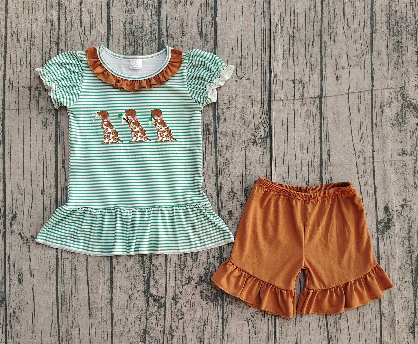 Pre-order GSSO2793 baby girls hunting duck green stripe puff sleeve brown shorts outfits embroidery