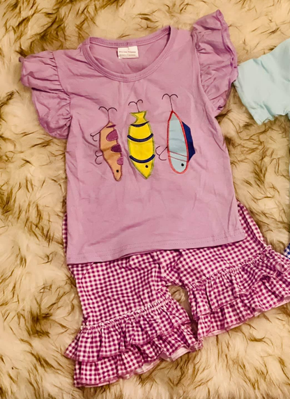 Pre-order GSSO2795 baby girls fish purple checkered floral shorts outfits embroidery