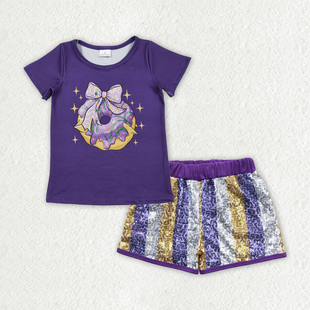 GSSO2804 girls Mardi Gras bow purple short sleeve stripe sequined outfits