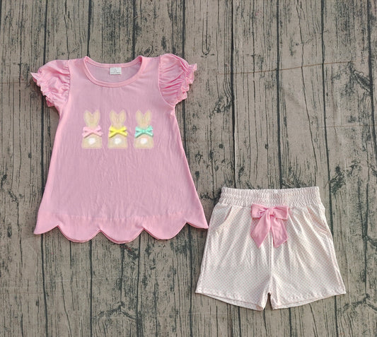 Pre-order GSSO2829 baby girls Easter bunny pink puff sleeeve shorts outfits embroidery