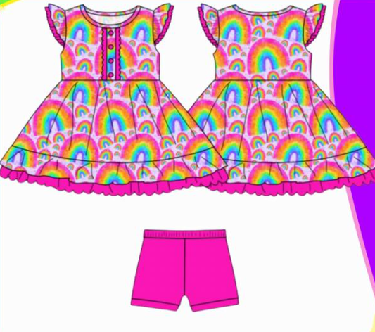 12.1 Pre-order GSSO2985 baby girls rainbow flying sleeve rose shorts outfits