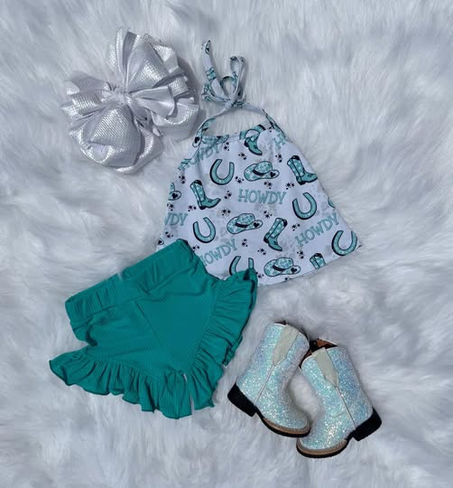 12.2 Pre-order GSSO2989 baby girls howdy boot green shorts outfits