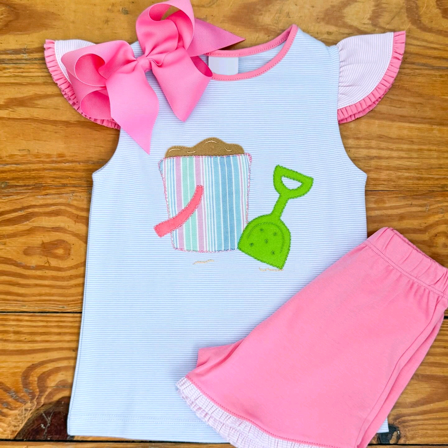 12.2 Pre-order GSSO2991 baby girls beach blue stripe flying sleeve pink shorts outfits