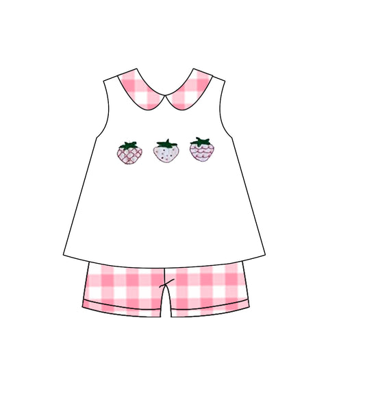 12.2 Pre-order GSSO2992 baby girls strawberry doll sleeveless pink checkered shorts outfits