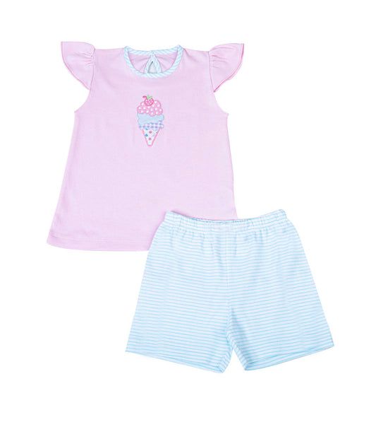 12.2 Pre-order GSSO2993 baby girls icecream pink flying sleeve blue stripe shorts outfits