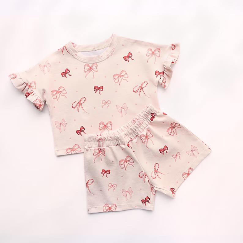 12.4 Pre-order GSSO2996 baby girls bow short sleeve rose shorts outfits