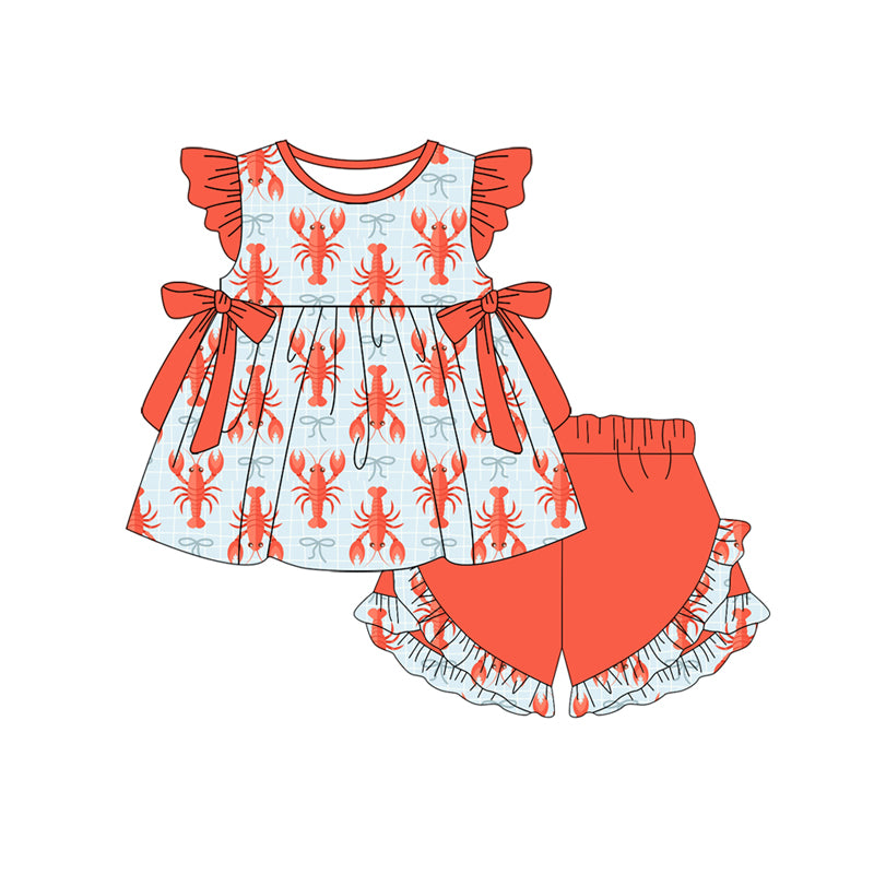 12.5 Pre-order GSSO3001 baby girls Lobster flying sleeve bow shorts outfits