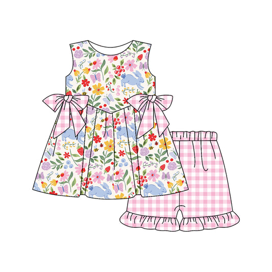 12.9 Pre-order GSSO3016 girls Easter bunny flower sleeveless bow pink checkered shorts outfits