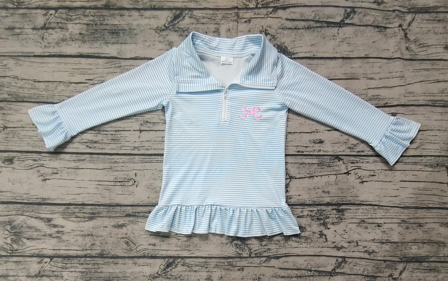 Pre-ordre GT0886 Girls blue stripe shirt bow Top Long Sleeve embroidery