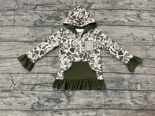 Pre-order GT1136 baby girls green camo duck deer floral hoodies zipper top embroidery