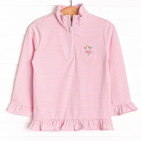 12.2 Pre-order GT1544 baby girls flower pink stripe long sleeve zipper pullover top