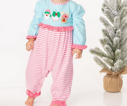 LR1476 long sleeves Christmas Santa blue pink striped romper embroidery