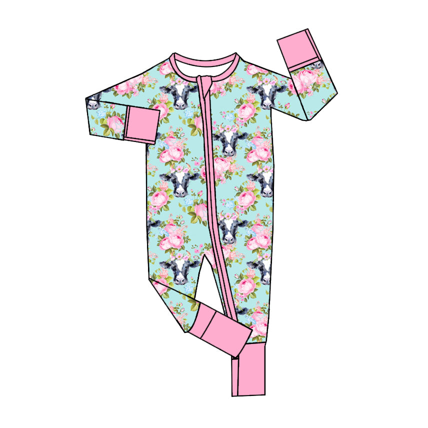 Pre-order LR1647 Baby girls cow floral zipper romper ( Deadline August 23 )