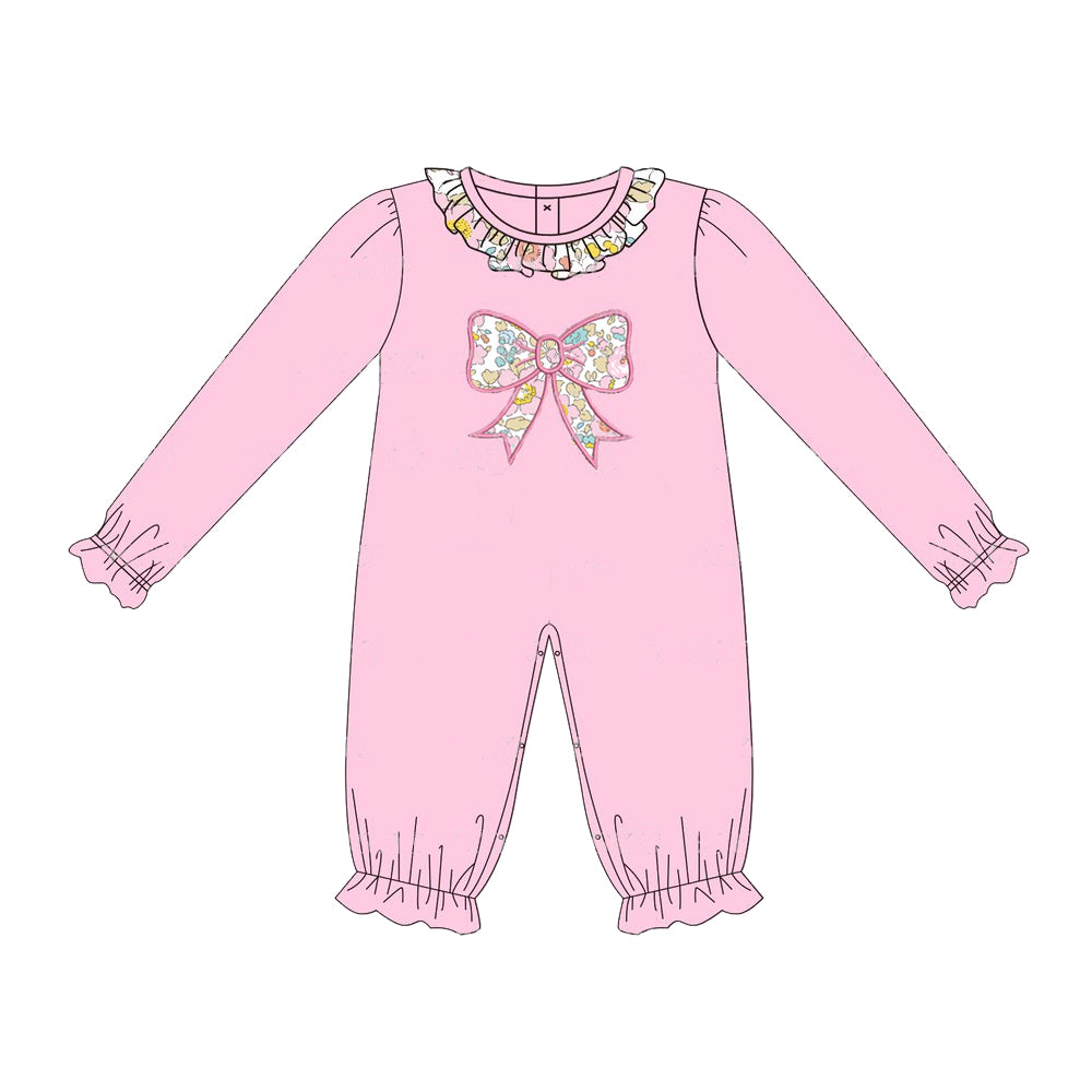 Pre-order LR1812 Baby girls pink bows zipper romper embroidery