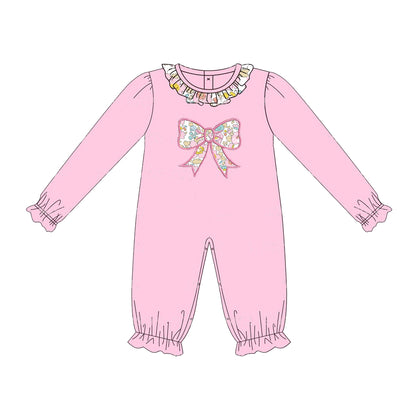 Pre-order LR1812 Baby girls pink bows zipper romper embroidery