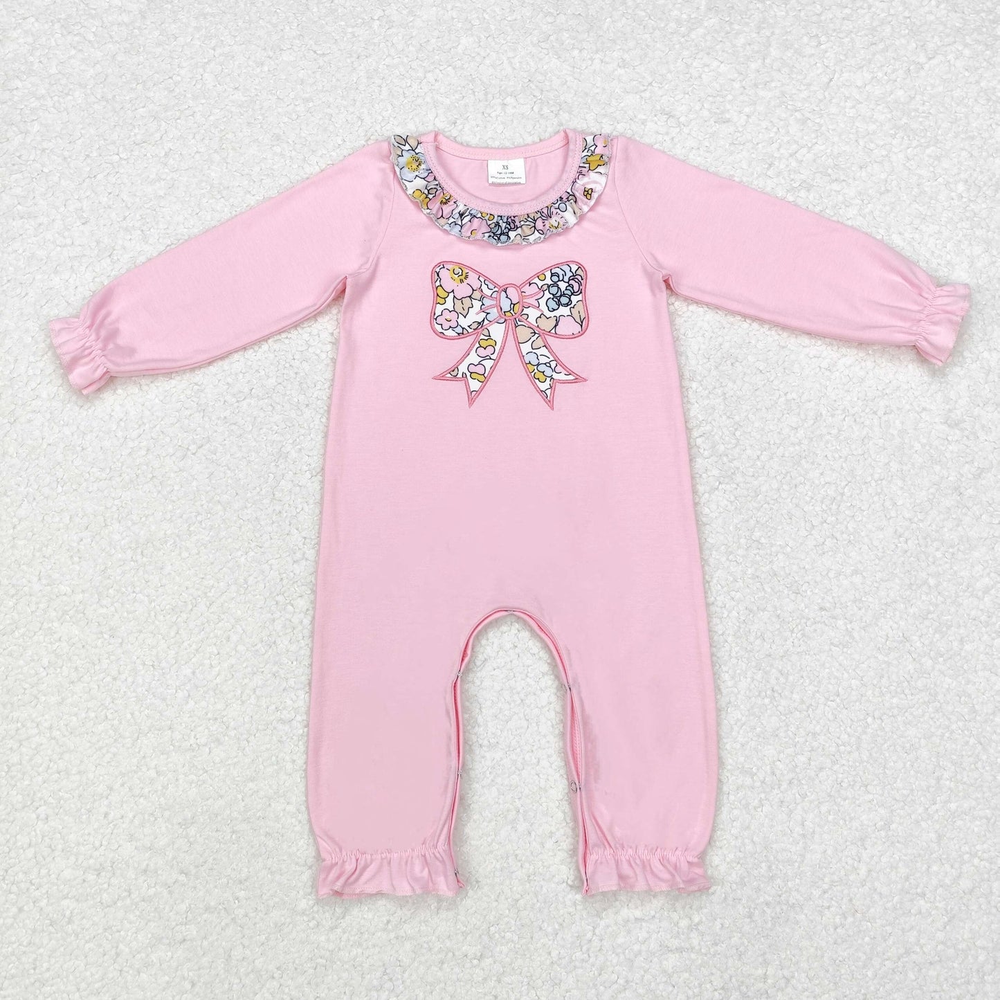 LR1812 Baby girls pink bows zipper romper embroidery