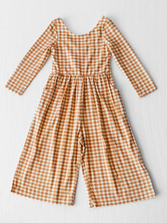 Pre-order LR1840 Girls brown plaid Jumpsuit ( Deadline Sept.16 )