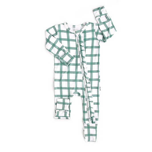 Pre-order LR1967 Baby girls green plaid zipper romper ( Deadline Oct.3 )