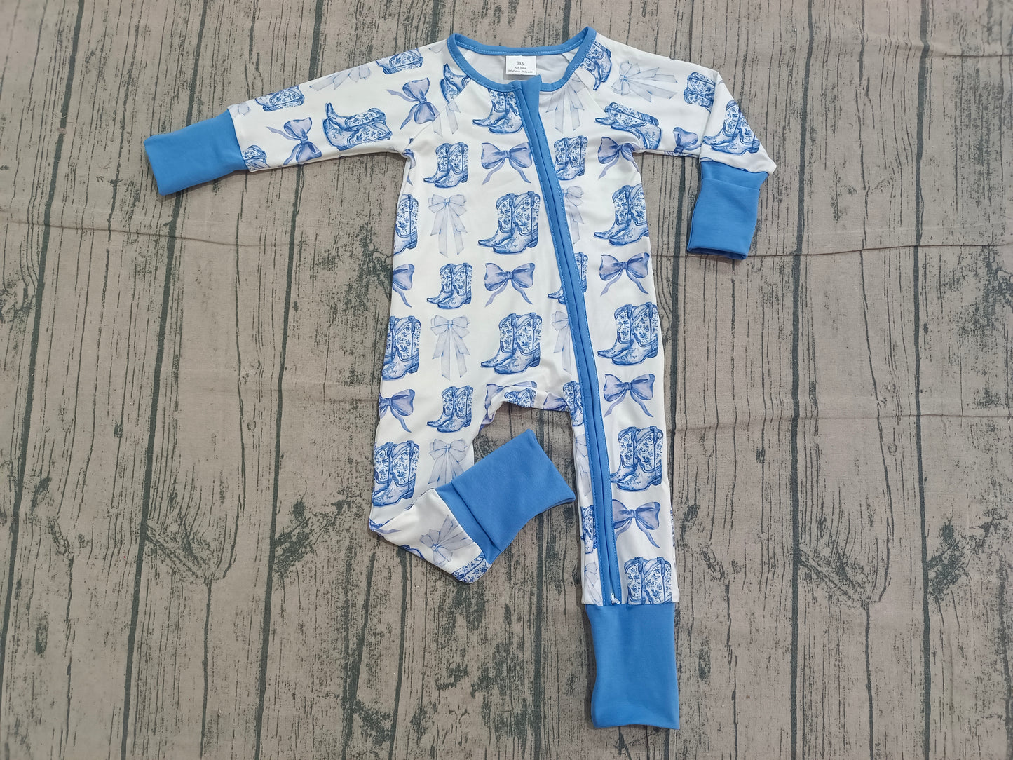 Pre-ordre LR2420 baby girls boot bow zipper blue romper