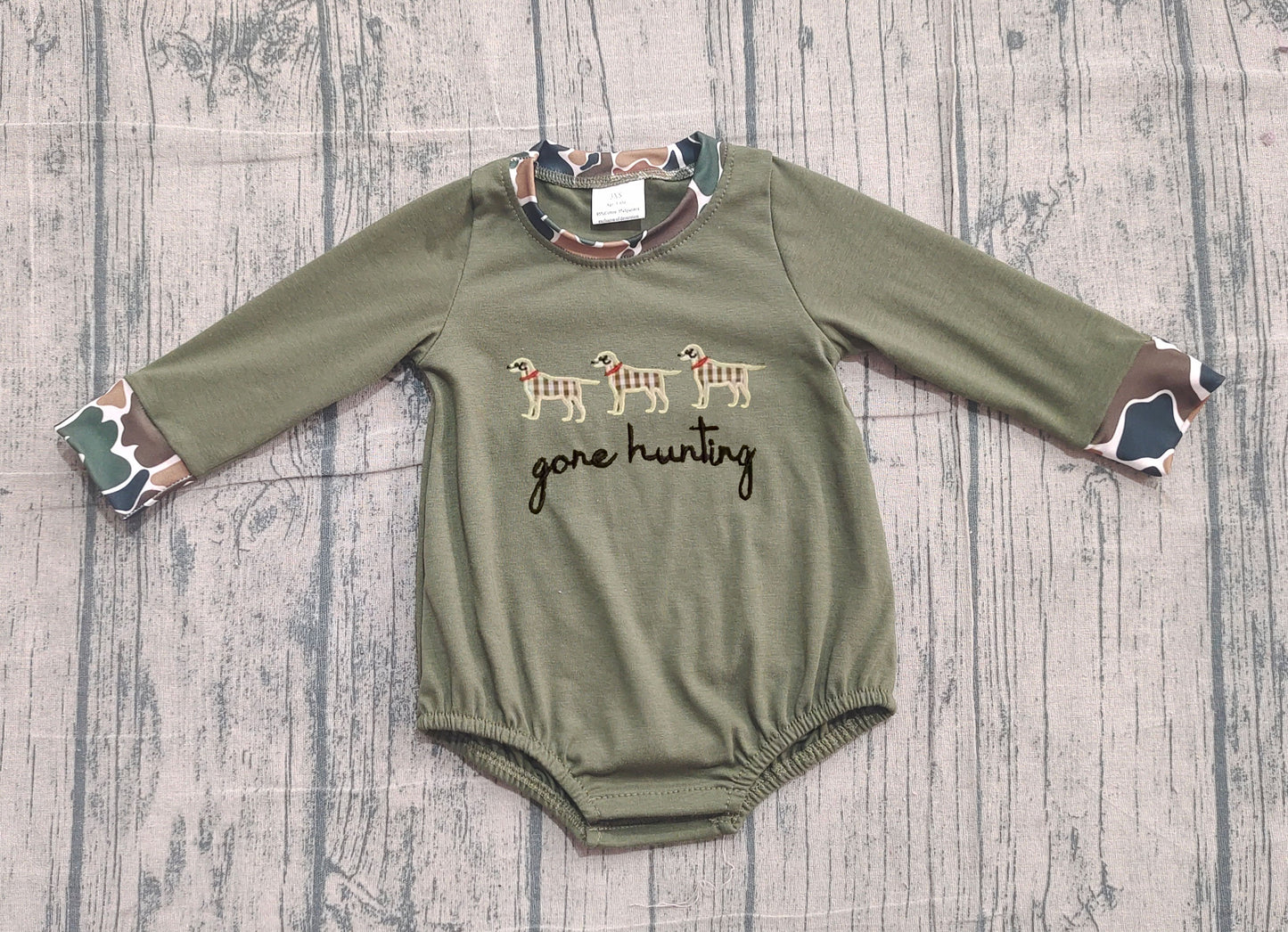 Pre-order LR2836 baby boys gone hunting camo long sleeves romper embroidery