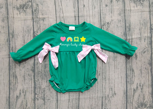 Pre-order LR2839 baby girls St Patrick's green long sleeves bow romper embroidery