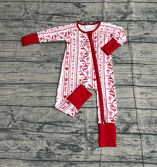 Pre-order LR2884 baby girls Valentine's love flower long sleeves zipper red romper