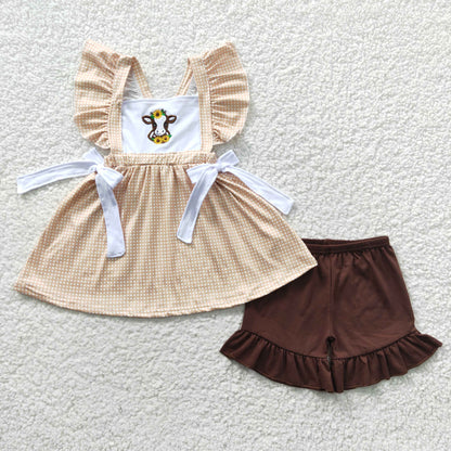 Girls Embroidery Cow Outfits Sleeveless Brown Shorts